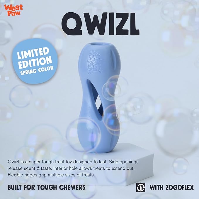 WEST PAW Zogoflex Qwizl Dog Puzzle Treat Toy – Interactive Chewing for Dogs – Dispenses Pet Treats – Brightly-Colored Dog Enrichment Toy for Aggressive Chewers, Fetch, Catch, Small 5.5", Periwinkle-Mewly Pet