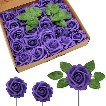 Artificial Flowers Realistic Roses, 50pcs Real Looking Fake Roses with Stem for DIY Wedding Bouquets Centerpieces Bridal Shower Party Home Romantic Decorations (Regular 3" - 50pcs, Dark purple)