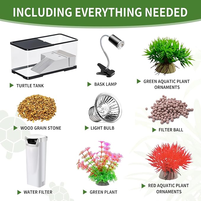 (Tank + Light + Filter + Filter Balls) Turtle Tank Kit, Turtle Tank Starter Kit,Bottom Drainage, Multi-Function Areas for Turtles, Crabs,Fishes, Amphibians,Reptiles.(15.75 x 8.64 x 8.64 Inch)-Mewly Pet