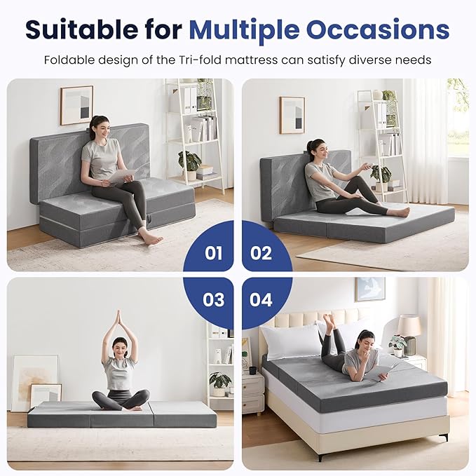 Foldable Mattress Full 6 inch -Portable Grey Memory Foam Folding Matress with Washable Cover for Camping Travel Guest Room Home Use-Non-Slip&Easy Storage