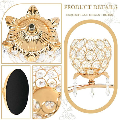 Set of 3 Gold Crystal Tea Light Candlestick Holders Flower Shape with Crystal Pendant Bowl Votive Metal Candle Holder for Table Centerpieces Wedding Home Decor (Set of 3, Gold)