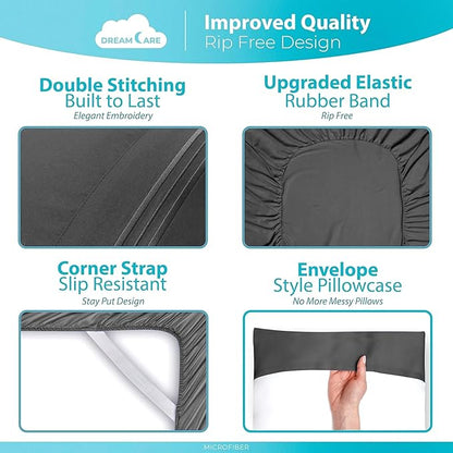 DREAMCARE King Size Sheets Set - Cooling Bed Sheets - 4pcs Set - up to 15" Deep Pocket King Sheet Set – Soft & Long Lasting Cooling - 100% Fine Brushed Polyester with Side Pocket - Dark Gray