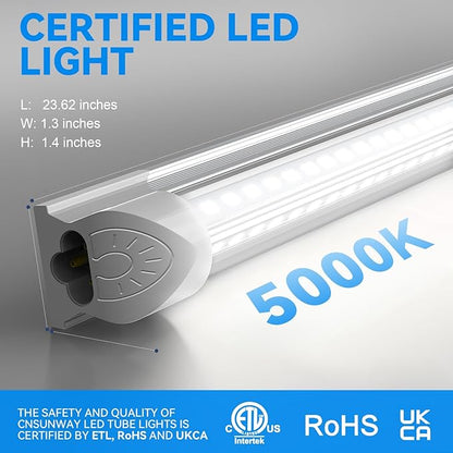 CNSUNWAY 2FT LED Shop Light, 20W 3000LM, 5000K Daylight T8 LED Light Fixture, V Shape, High Output, Linkable Shop Lights for Room, Garage, Workshop, Under Cabinet, ETL Listed (2 Pack)
