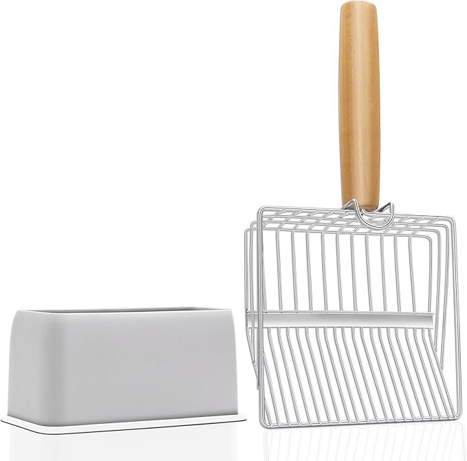 UFECODO Fast Sifting Cat Litter Scoop with Holder Stand, 2 Widths of Slots Stainless Steel Poop Scooper with Ergonomic Wood Handle, Heavy Duty and Easy Clean-Mewly Pet