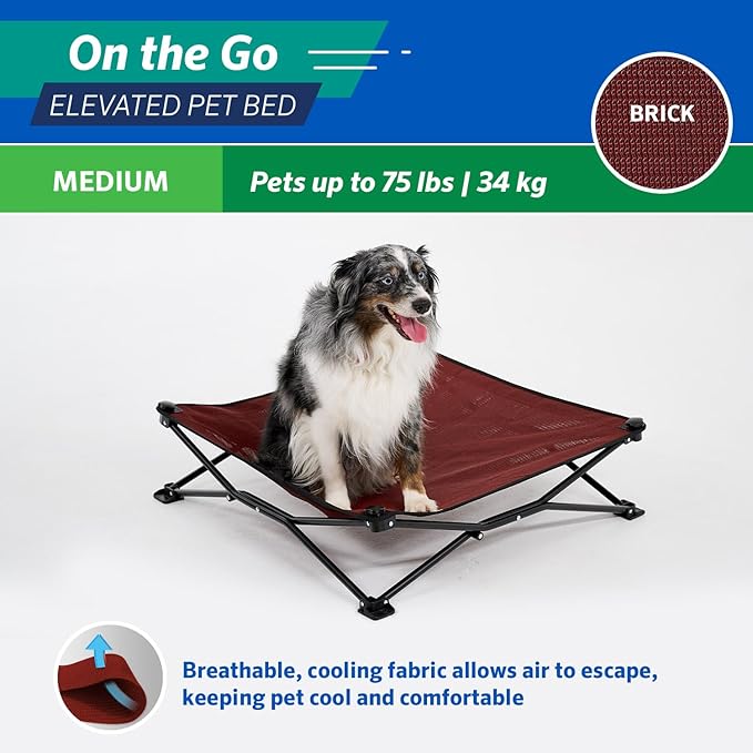 Coolaroo On-The-Go Elevated Dog Bed - Foldable Pop-Up Travel Dog Bed with Breathable, Moisture-Resistant Fabric, Carry Bag Included, Lightweight & Portable, Brick, Medium-Mewly Pet