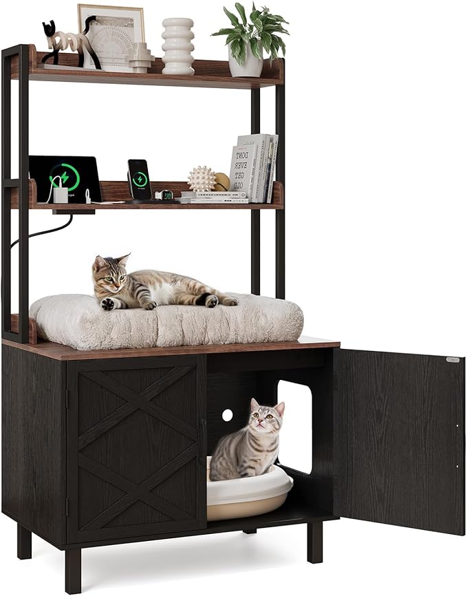 55 Inches Cat Litter Box Enclosure, Hidden Litter Box Furniture with 2 Storage Shelves and Charging Sockets, Wooden Cat House, Large Indoor Cabinet for Living Room & Entryway, Black-Mewly Pet