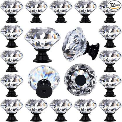 12 Packs Crystal Cabinet Knobs Drawer Pulls and Knobs Diamond Dresser Handles Crystal Pulls for Drawers - 30 mm Clear Glass Cabinet Knob with Black Base