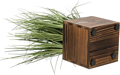 MyGift Artificial Green Grass Plants Trio in Rustic Burnt Solid Wood Planter Boxes, Faux Greenery in Decorative 4 Inch Square Wooden Containers, Set of 3