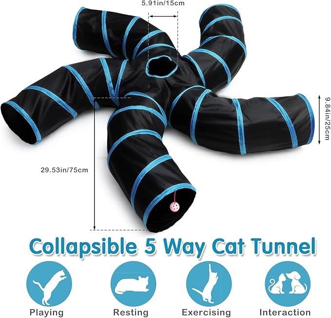 Poen 21 Pcs Cat Tunnel for Indoor Set Collapsible 5 Way Tubes with 20 Pcs Cat Kitten Toys Interactive Feather Toy Mouse Crinkle Balls Tube for Puppy Kitten Rabbit(Blue Black)-Mewly Pet