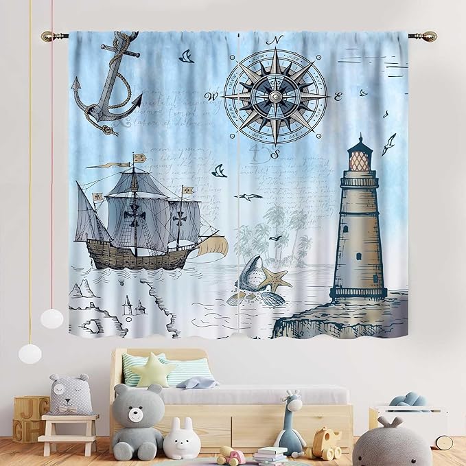 Nautical Curtains, Vintage Marine Coastal Sailboat Compass Anchor Ocean Beach Lighthouse Watercolor Blue Decorative Drapes for Bedroom Living Room Kitchen Bathroom Window 2 Panels Set, 42"x54" Inch