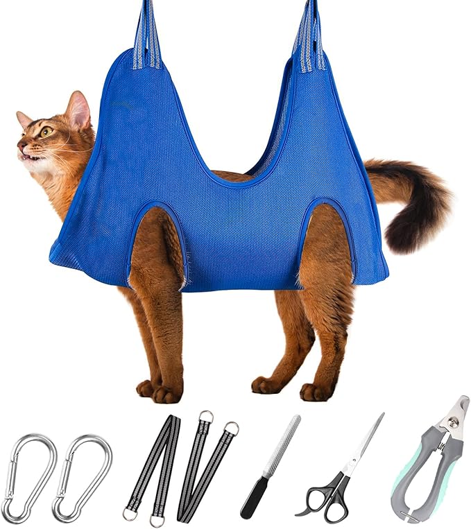 Pet Grooming Hammock Harness for Cats & XS Small Dogs, Dog Sling for Cutting Nails, Dog Hanging Holder Hanger for Nail Trimming with Nail Clippers, Nail File, Scissors-Mewly Pet