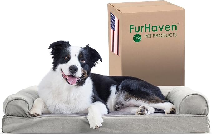 Furhaven Cooling Gel Dog Bed for Large/Medium Dogs w/ Removable Bolsters & Washable Cover, For Dogs Up to 55 lbs - Faux Fur & Velvet Sofa - Smoke Gray, Large-Mewly Pet