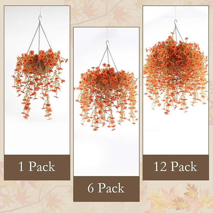 6 Pcs Artificial Hanging Mums Flowers Outdoor, Orange UV Resistant Fake Hanging Fall Plants for Outdoor Planter Patio Front Door Window Autumn Decoration (6, Orange)