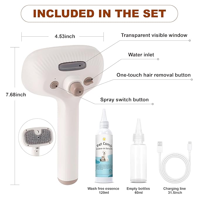 Cat Steam Brush, Dog Brush for Shedding, Pet Spray Hair Removal Comb, Pet Grooming Brush for Short & Long Haired Dogs & Cats,Spritz Defur Comb with Waterless Shampoo (White)-Mewly Pet