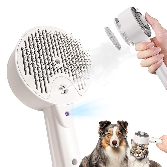 Cat Steam Brush For Shedding, Steamy Dog Grooming Brush With 2-Speed Spray, Blue Light And Release Button, Rechargeable Water Pet Hair Brushes Wet Self Cleaning Cat Spa Brush Cat Comb (White)-Mewly Pet