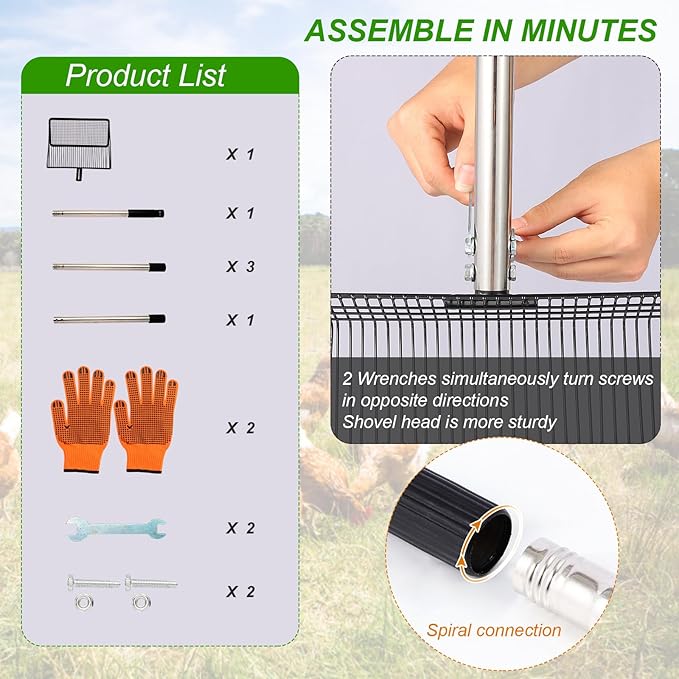 10inch Large Metal Chicken Poop Scooper, 36" to 75" Long Chicken Coop Litter Scoop with Stainless Steel Adjustable Handle, 4 in 1 Detachable Litter Sifting Shovel Scoop for Chicken Coop Accessories-Mewly Pet