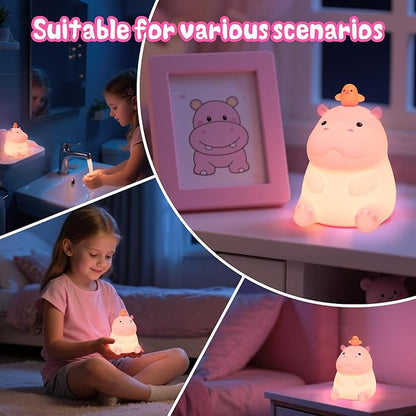 Cute Hippo Gifts for Kids,Pink Hippo Night Light, Dimmable Silicone Animal Nursery Night Light, Adorable Rechargeable Squishy Touch Lamp, Hippopotamus Gifts for Boys Girl Baby Room Decor