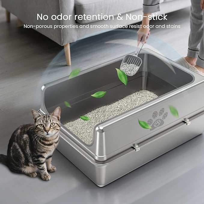 Enclosed Stainless Steel Cat Litter Box with Lid, Oversize Metal Litter Box for Multi Cats, Extra XXL Cat Toilet with High Side, Non-Stick, Anti-Leakage, Odorless, with Cat Litter Mat & Litter Scoop-Mewly Pet