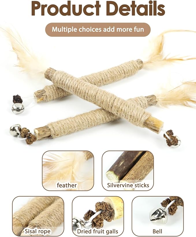 Tocirelo Kitten Chew Toys Teething - 6Pack Natural Silvervine Sticks for Cats, Matatabi Cat Feather Toy Chew Sticks, Cat Teeth Cleaning Treats for Indoor Bored Kitten-Mewly Pet