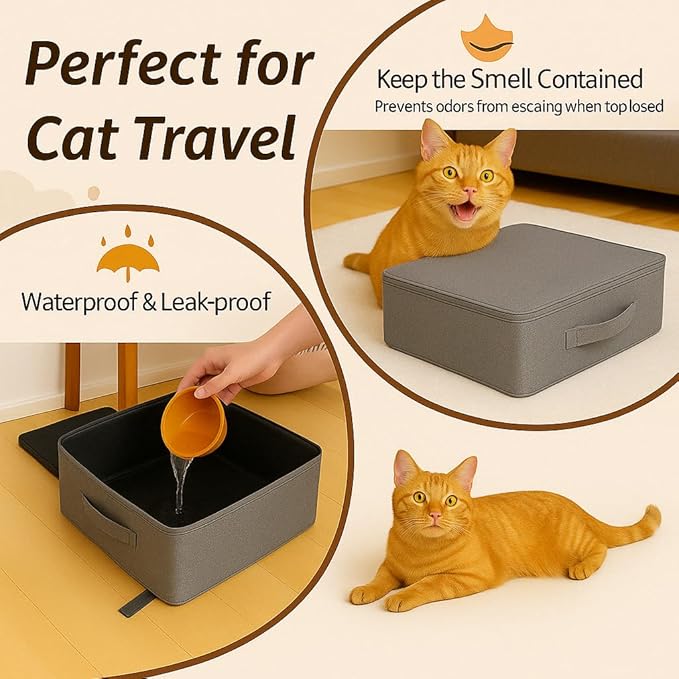 Portable Travel Litter Box for Cats, Small Foldable Travel Cat Litter Box with Zipped Lid, No Smell, Waterproof, Leak-Proof, for Car Hotel and Outdoor, Grey-Mewly Pet