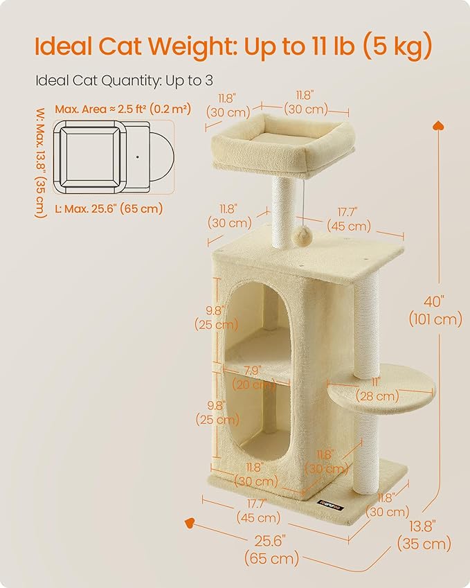 Feandrea Cat Tree Tower with 2 Caves for Multi-Cat Households, Kittens, Scratching Posts, Sand Beige UPCT005Y01-Mewly Pet