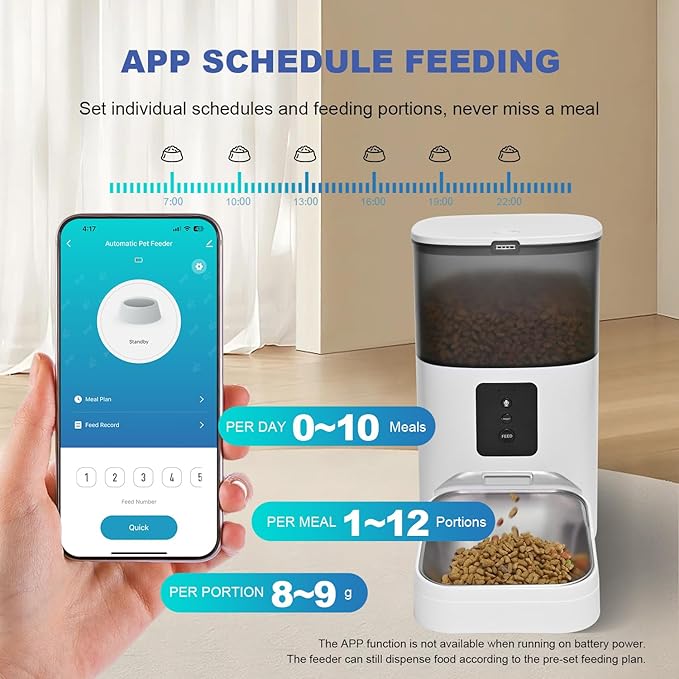 2.4G WiFi Automatic Cat Feeder, 4L Food Dispenser with 10s Voice Recorder, Pet Feeder up to 10 Meals per Day, Timed Cat Feeder with Dry Food Sealed Ring (White, 4L-WiFi)-Mewly Pet