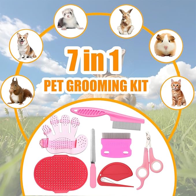 Rabbit Grooming Kit – Bunny Grooming Kit with Shedding Brush, Nail Clippers & Comb – Small Animal Grooming Supplies for Rabbits, Guinea Pigs, Hamsters, Ferrets - Small Pet Shedding & Care (Pink)-Mewly Pet