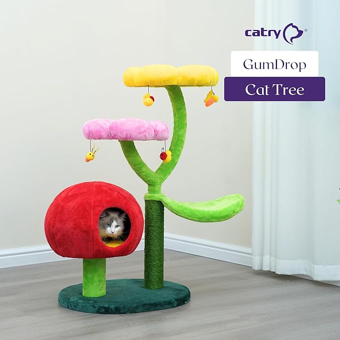 Catry 5-Level 40" Colorful Garden Style Cat Tree with Flower Perches, Leaf Hammock, Fruit Condo, Natural Sisal Scratching Post, Bee Toys, Parts Replaceable-Mewly Pet
