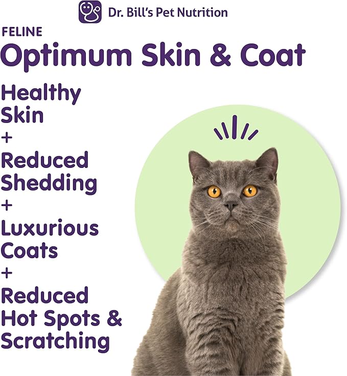 Dr. Bill’s Feline Optimum Skin & Coat – Fish Oil Omega-3 Fatty Acids for Cats Healthy Fur | Reduce Shedding and Hairballs with Biotin, Type I & III Marine Collagen, Hyaluronic Acid, & Folic Acid-Mewly Pet