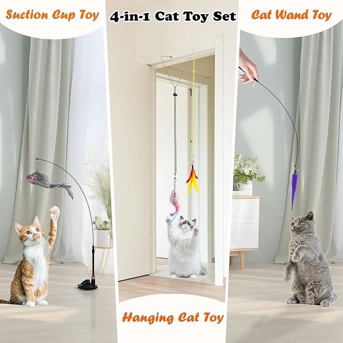 Soarer 4-in-1 Interactive Cat Feather Toys,12Pcs Durable Fishing Pole Cats Feathers Toy Replacements,Enhanced Suction Cup Cats Wand Toy,2 Types Door Hanging Cat String Toys for Indoor Kitten-Mewly Pet