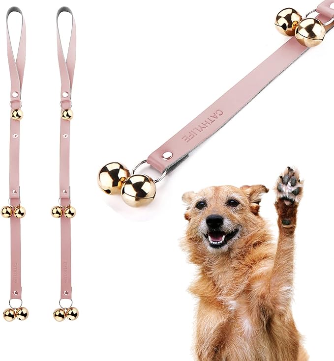 Leather Dog Doorbells for Door Knob/Potty Training/Go Outside, Length Adjustment Copper Dog Bell, Housetraining Hanging Bell, Pink Leather Golden Bells - 2 Pack.-Mewly Pet