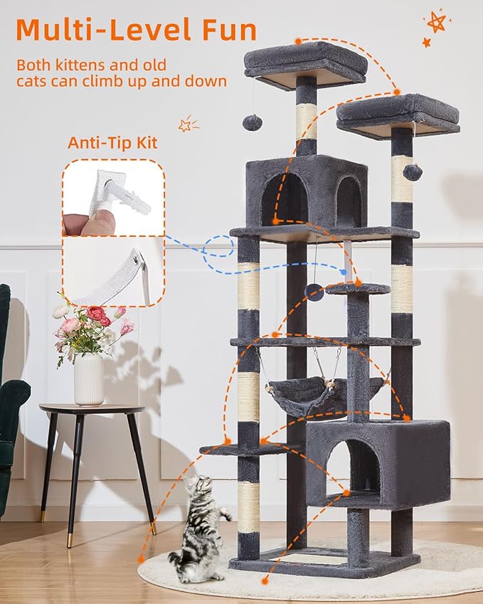 Taoqimiao Cat Tree, 68-Inch Cat Tree Cat Tower for Indoor Cats, Plush Multi-Level Cat Condo with 6 Scratching Posts, 2 Perches, 2 Caves,Hammock, 3 Pompoms,MS020SG Smoky Gray-Mewly Pet