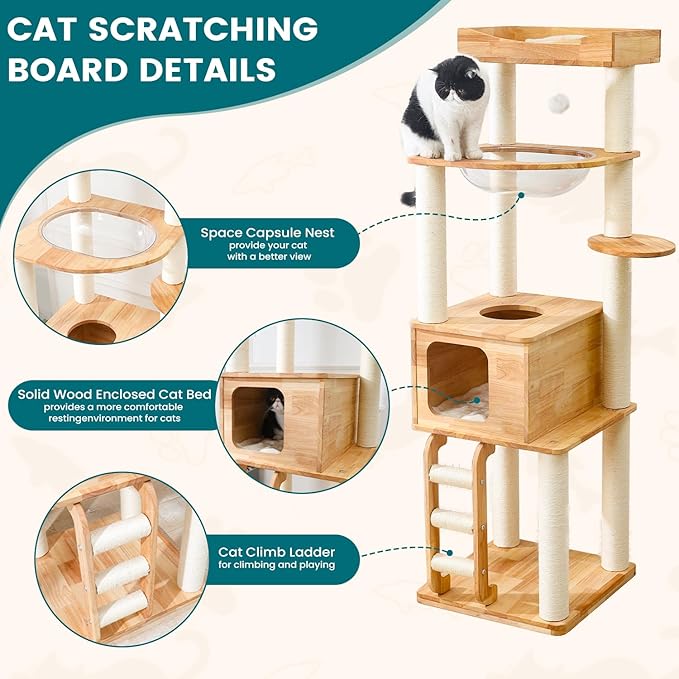 65-inch Tall Cat Tree，Cat Tower for Indoor Cats with Feel-Safe Enclosed Cat Cave、Scratching Post、Space Capsule Nest and Cat Ladder-Mewly Pet