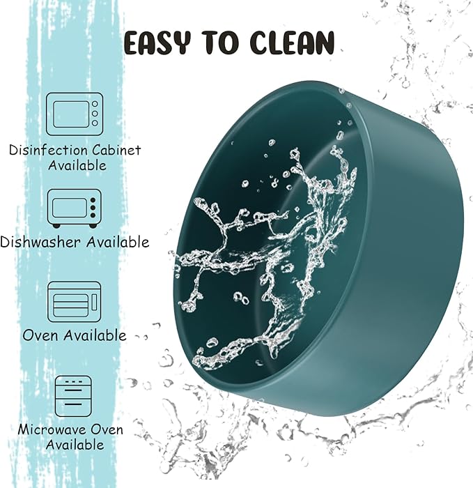 SPUNKYJUNKY 15° Slanted Ceramic Dog and Cat Bowl with Wooden Stand, Tilted Bulldog Food and Water Bowl No Slip Non-Spill for Cats Medium Dogs Big Face Pets 13.5 OZ (1.7 Cups, Green × 2)-Mewly Pet