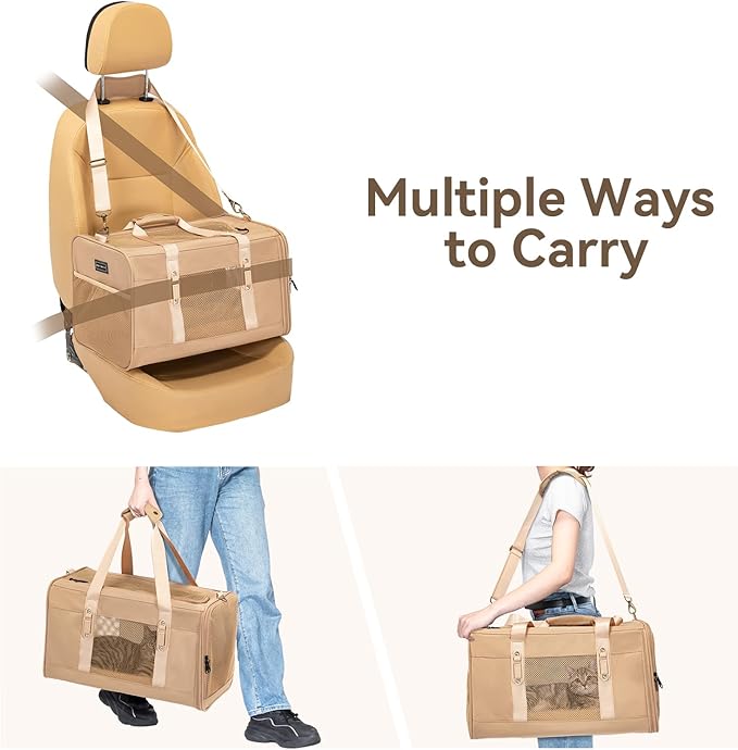 Petsfit 19x12x12 Pet Carrier for Large Cats (up to 20 lbs), Soft-Sided Small Dog Travel Carrier, Upgraded with Patented Buckle and Soft Padding, Ideal for Car Road Trips,Khaki-Mewly Pet
