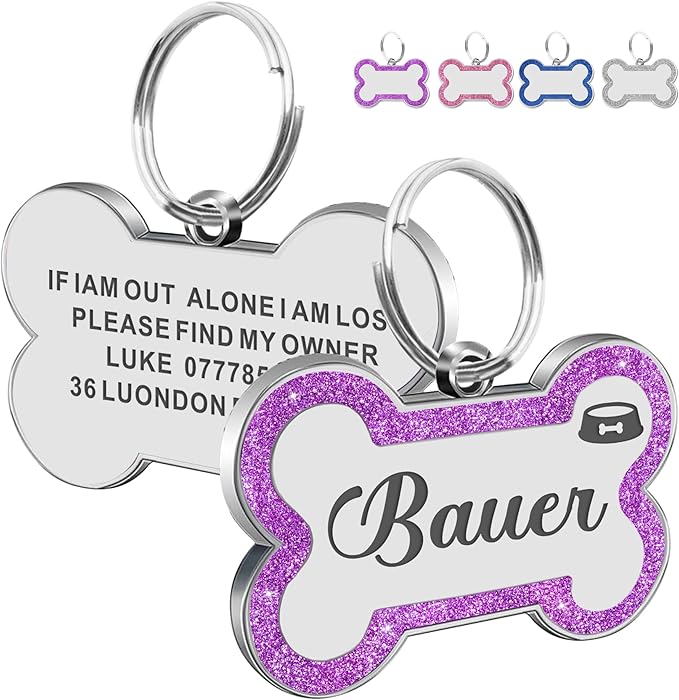 Dog Tags Personalized for Pets Dog Name Tags Personalized Dog Tag Engraved with Any Name & Text Custom Dog ID Tags Glitter Bone ID Tag for Puppy Cat (Purple S, Bone)-Mewly Pet
