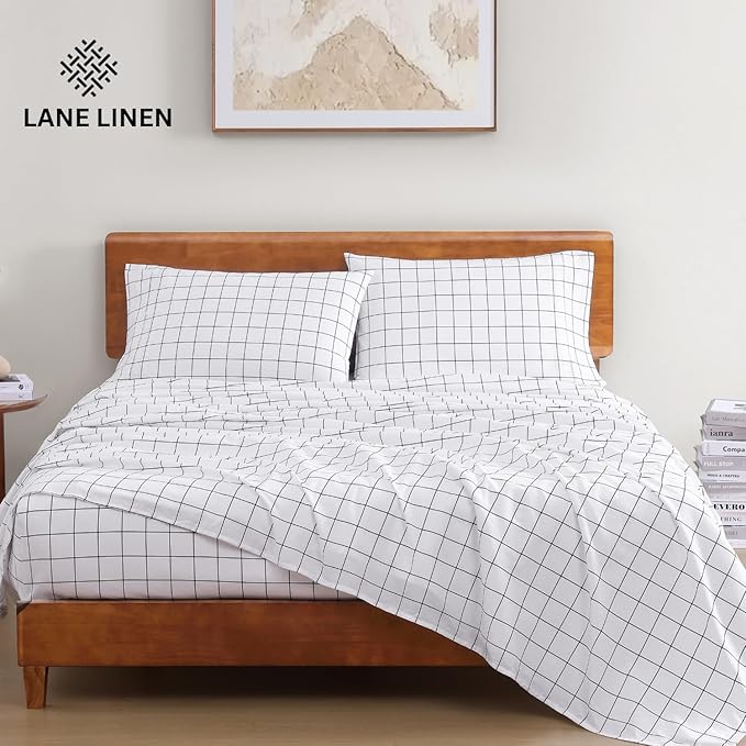 LANE LINEN 100% Organic Cotton Sheets RV Queen, 4-Piece Bed Sheets Short Queen Size Cotton, Luxury Sheets, Percale Weave,Breathable Bed Sheets RV Queen Size Deep Pockets Fits Upto 15" - Windowpane
