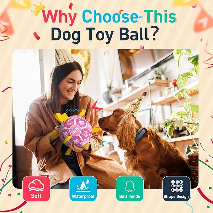 QDAN Dog Birthday Toys, Squeaky Dogs Toys, Dog Soccer Ball with Straps, Puppy Gifts, Herding Balls with Bell Inside, Water Toy, Durable Ropes Ball for Medium Large Dogs (8 inch)-Mewly Pet