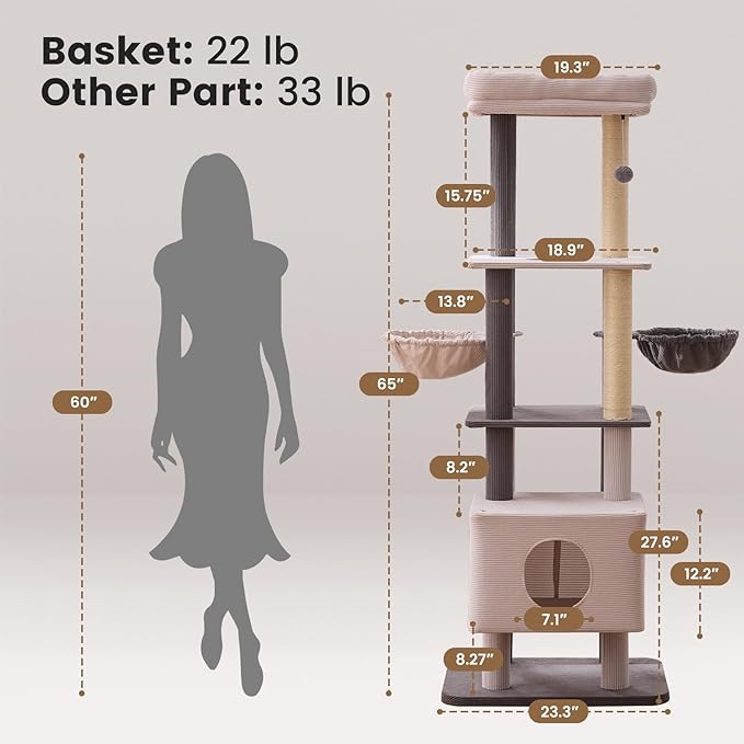 Gardner Pet 65in Heavy Duty Cat Tree Tower for Large Cats, Multi-Level Cat Furniture with Replaceable Sisal Scratching Post, Hammock | Extra-Large Platform & Condo Easy to Clean (Corduroy)-Mewly Pet