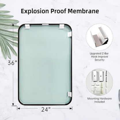 24"x36" Brushed Matte Black Metal Framed Rounded Rectangle Mirror, Wall Mounted Mirrors for Bathroom Entryway Vanity Living Room Bedroom, Vertical or Horizontal