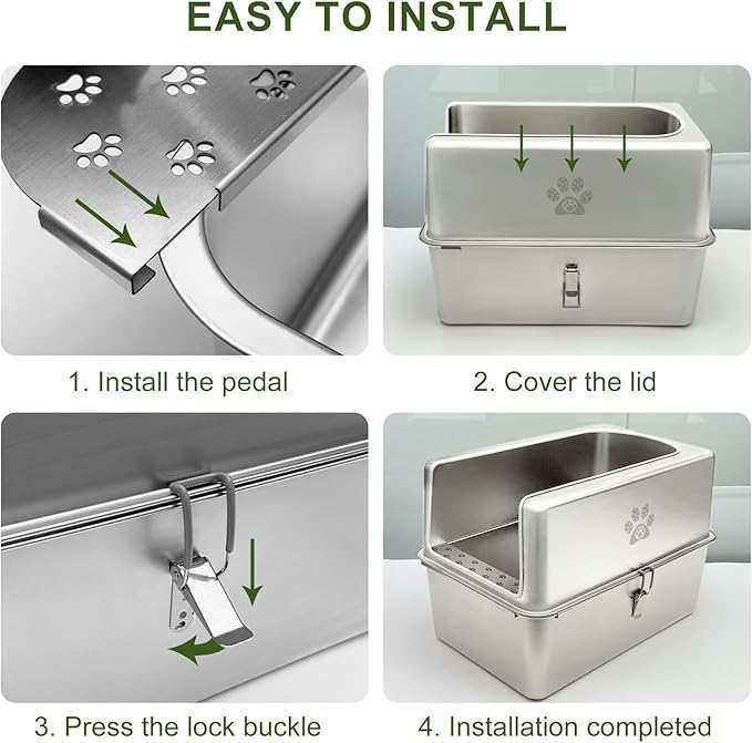 Enclosed Stainless Steel Cat Litter Box with Lid, XL Metal Litter Box for Big Cats, Extra Large Cat Toilet with High Side, Non-Stick, Anti-Leakage, Odorless, with Cats Litter Mat & Litter Scoop-Mewly Pet