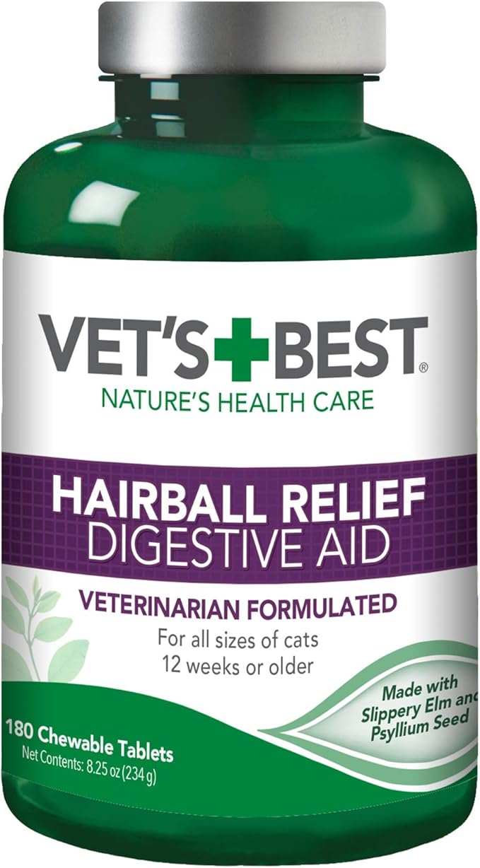 Vet’s Best Cat Hairball Relief Digestive Aid, Vet Formulated Hairball Support Remedy, Hairball Relief for Cats, Classic Chicken Flavor, 180 Chewable Tablets-Mewly Pet