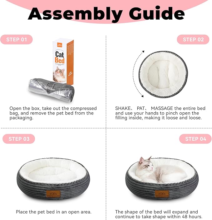 20in Washable Cat Beds for Indoor Cats - Round Donut Pet Bed for Cats, Small Dogs, Puppy, Kitten - Anti-Slip Bottom, Calming Bed Gift - Dark Grey-Mewly Pet