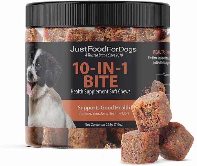 JustFoodForDogs 10-in-1 Multifunctional Supplement Chews for Dogs, Superfood Blend, Glucosamine, Omega-3 Fatty Acids, Skin Health, Joint Health, Probiotics, Plant-Based, Human Grade - 45 Count-Mewly Pet