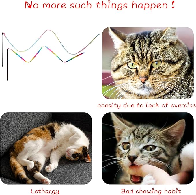 Cat Wand Toys Interactive Kitten Toys for Indoor Cats Colorful Teaser Wand String for Exercise Kitten Stick Kitty Rope Toy Rainbow Ribbon Cat Charmer -2Pcs-Mewly Pet