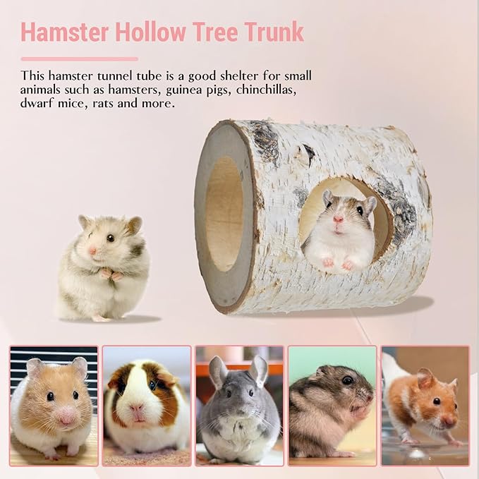 Wooden Hamster Tunnels,Natural Birch Wood Hamster Tree Hole Tube Hamster Chew Toy Small Animal Hollow Tree Trunk Tube Hideout Climbing Toy Cage Accessories for Guinea Pig Chinchilla Gerbil Rat-Mewly Pet