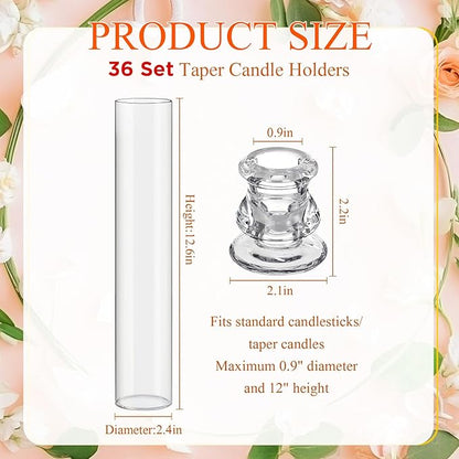 36 Set Christmas Glass Hurricane Candle Holders 12.6" Open Ended Glass Candleholder Tube Shape Bottomless and 2.2" Taper Clear Candlestick Holders for Wedding Party Table Centerpiece (Clear)