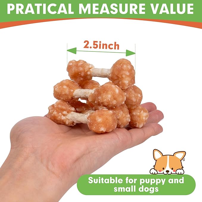 MON2SUN Dog Treats, 16oz Mini Rawhide Chews, Chicken Dumbbells with Rice for Small Dogs & Toy Breed, Crunchy and Healthy (2.5 Inch 30 Count)-Mewly Pet