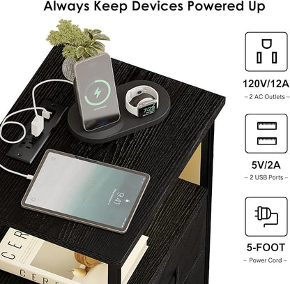 Fixwal Night Stand with Charging Station, LED Nightstand with U-S-B Ports and Outlets, 2 Fabric Storage Drawers with PU Finish, Small Bedside Table, Black