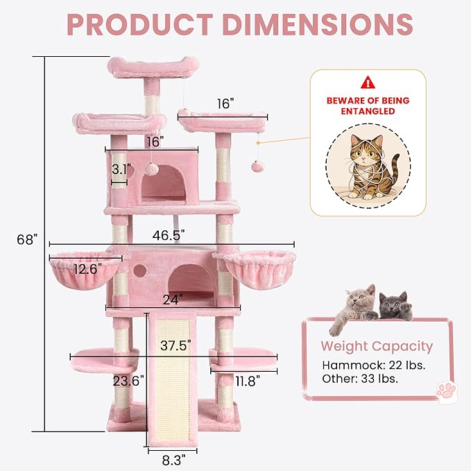 SHA CERLIN 68 Inches Multi-Level Large Cat Tree for Large Kitties/Big Cat Tower with Condo/Cozy Plush ‌Pussycat Perches/Sisal Scratching Posts and Hammocks/Activity Center/Pink-Mewly Pet